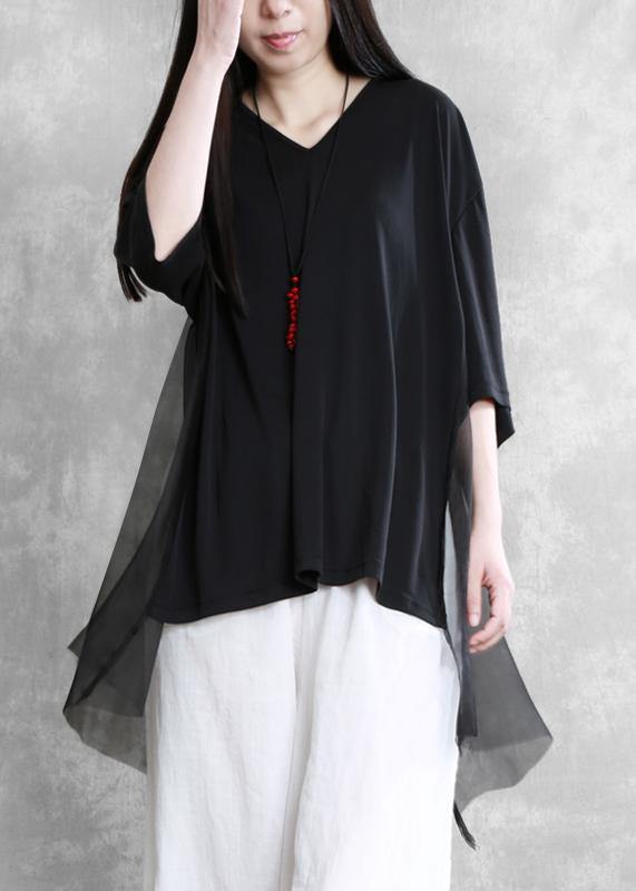 DIY v neck asymmetric summe rclothes Work black tops - SooLinen