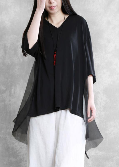 DIY v neck asymmetric summe rclothes Work black tops - SooLinen