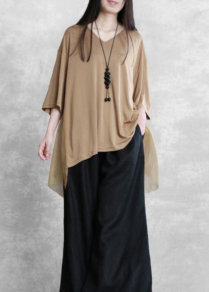 DIY v neck asymmetric summe rclothes Work black tops - SooLinen