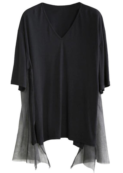 DIY v neck asymmetric summe rclothes Work black tops - SooLinen