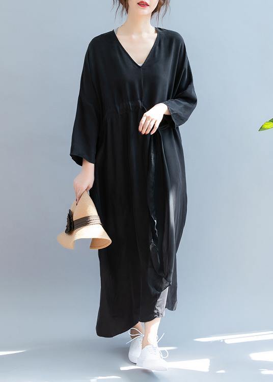 DIY v neck drawstring summer dress Sewing black Kaftan Dress - SooLinen