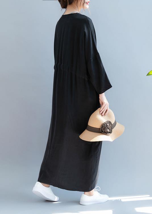 DIY v neck drawstring summer dress Sewing black Kaftan Dress - SooLinen