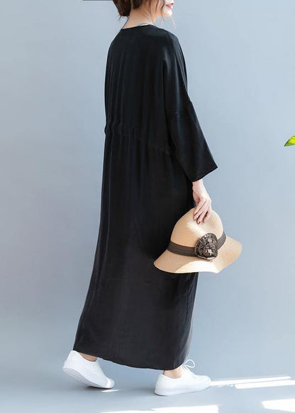 DIY v neck drawstring summer dress Sewing black Kaftan Dress - SooLinen
