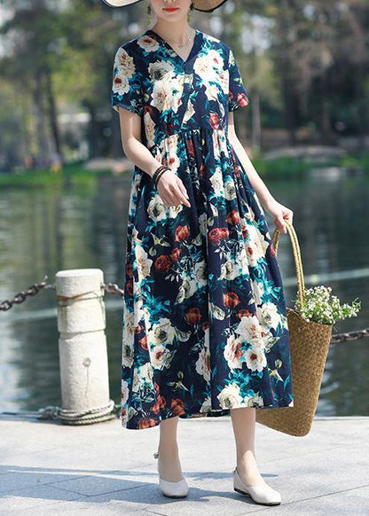 DIY v neck pockets cotton linen outfit Work Outfits navy print Dresses summer - SooLinen