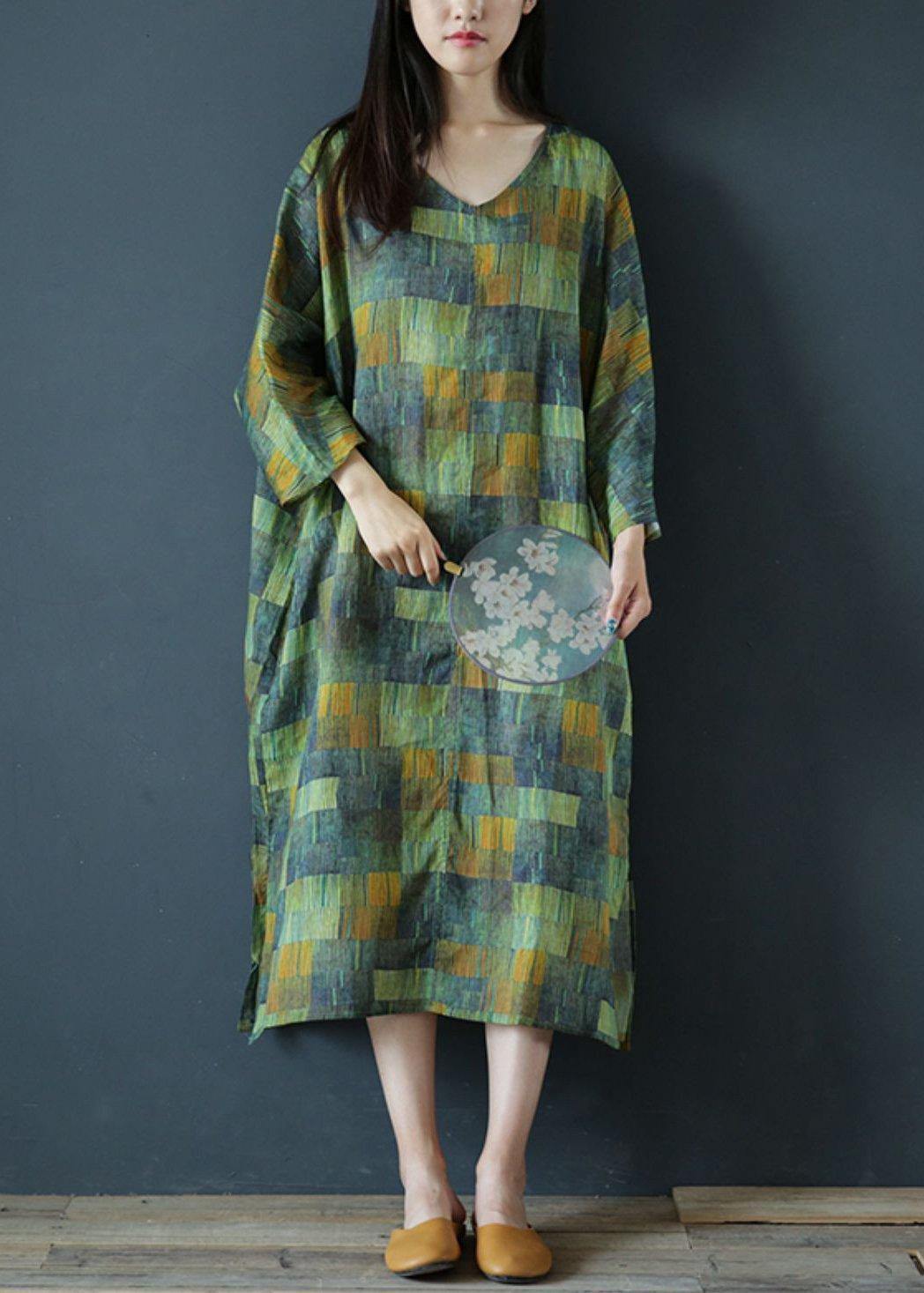 DIY v neck side open linen summer dresses Work Outfits green striped Dress - SooLinen