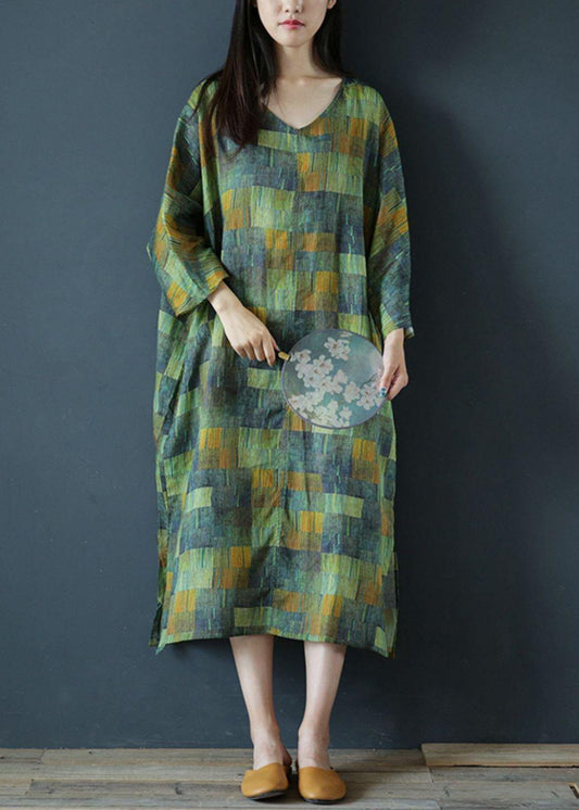 DIY v neck side open linen summer dresses Work Outfits green striped Dress - SooLinen