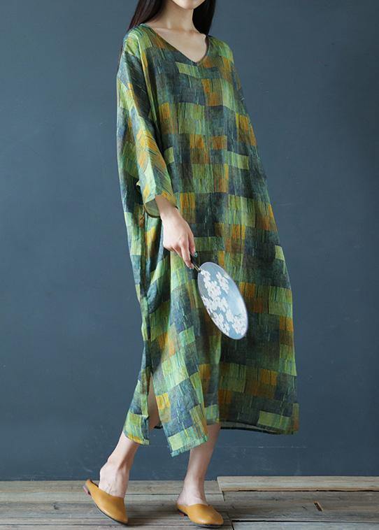 DIY v neck side open linen summer dresses Work Outfits green striped Dress - SooLinen