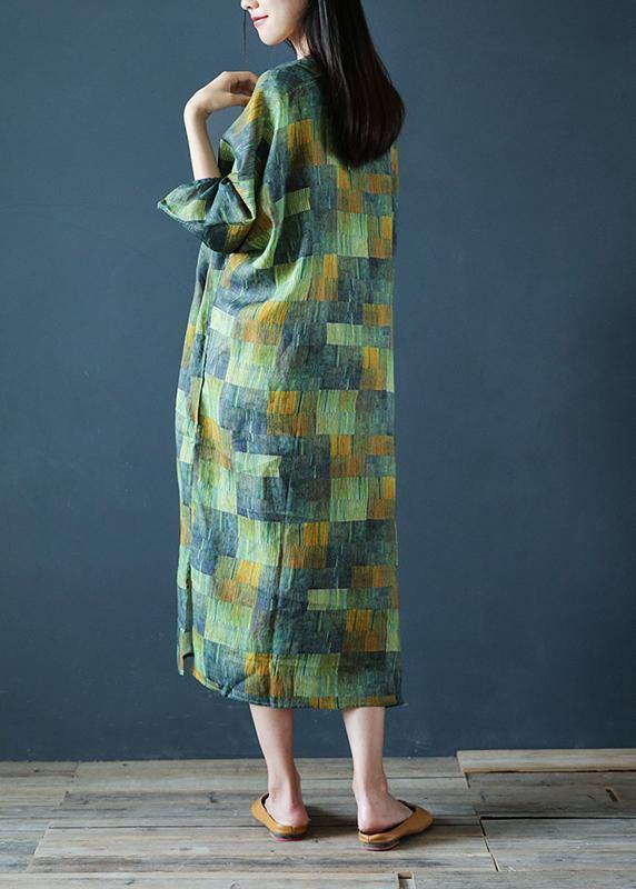 DIY v neck side open linen summer dresses Work Outfits green striped Dress - SooLinen