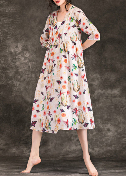 DIY V-Ausschnitt Krawatte Taille Leinen Kleidung 2019 Shirts Beige Print Plus Size Kleider Sommer