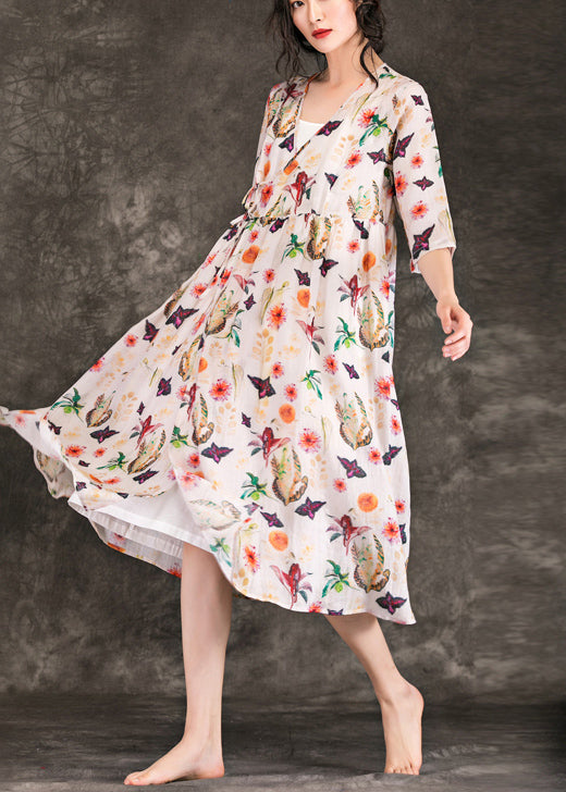 DIY V-Ausschnitt Krawatte Taille Leinen Kleidung 2019 Shirts Beige Print Plus Size Kleider Sommer