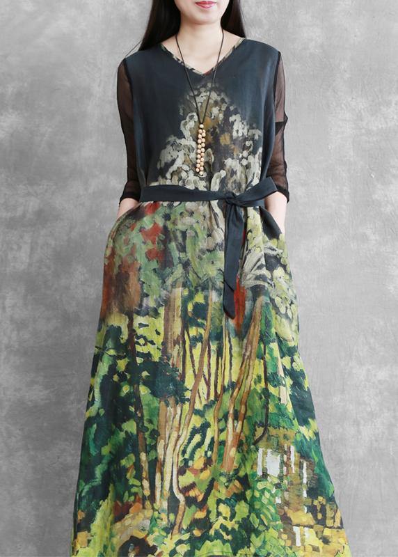DIY v neck tie waist summer clothes Wardrobes green Forest print Dresses - SooLinen