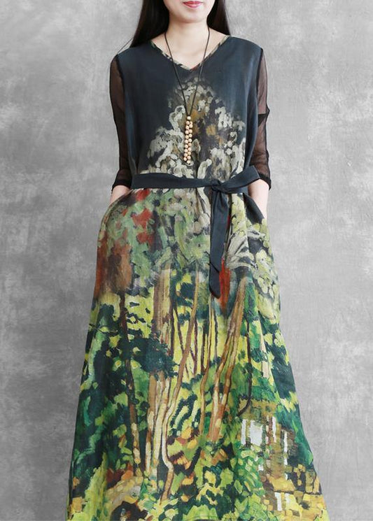 DIY v neck tie waist summer clothes Wardrobes green Forest print Dresses - SooLinen
