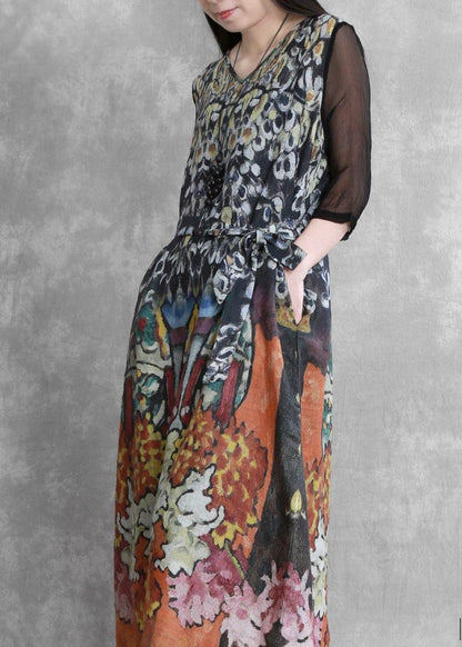 DIY v neck tie waist summer clothes Wardrobes green Forest print Dresses - SooLinen