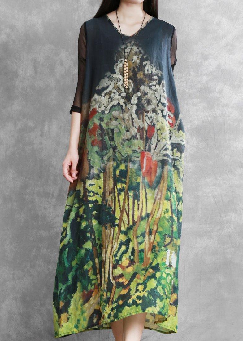 DIY v neck tie waist summer clothes Wardrobes green Forest print Dresses - SooLinen