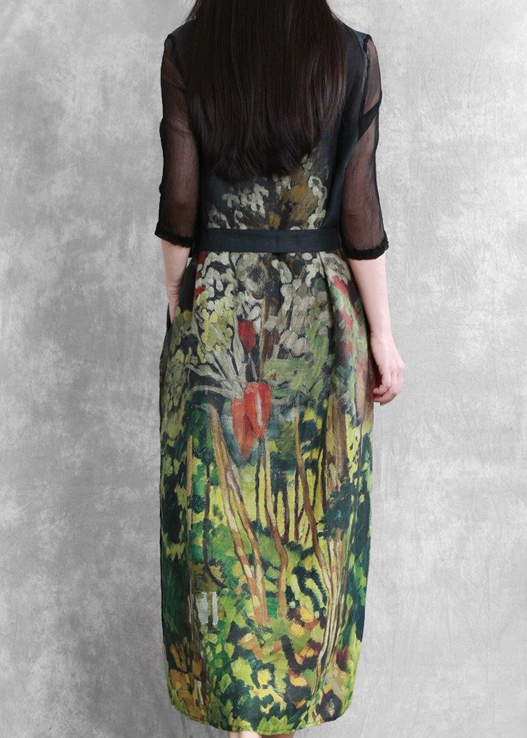 DIY v neck tie waist summer clothes Wardrobes green Forest print Dresses - SooLinen