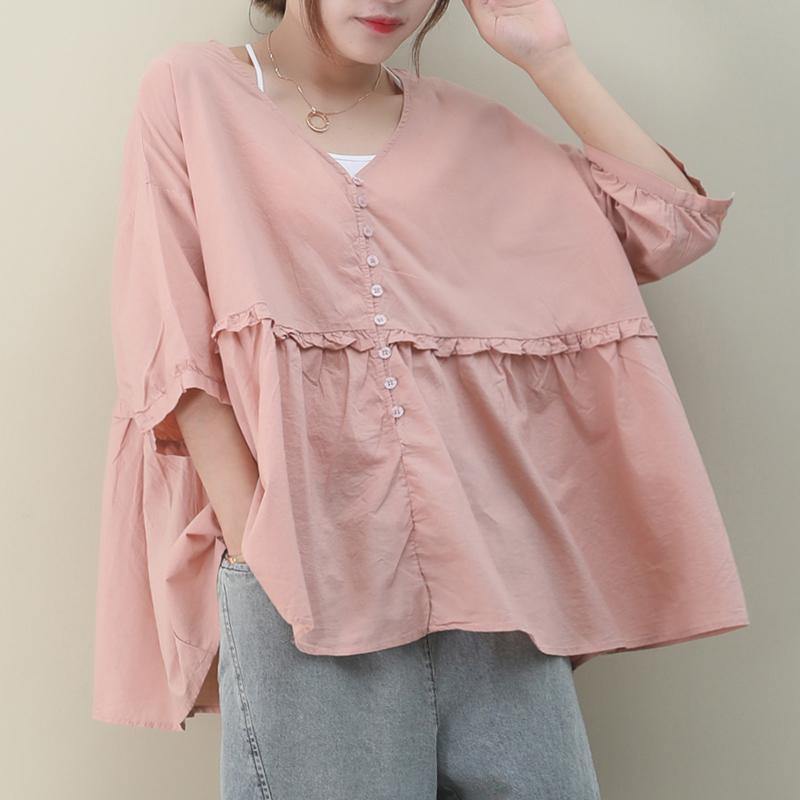 DIY v neck Cinched cotton summer women Tops pink tops - SooLinen