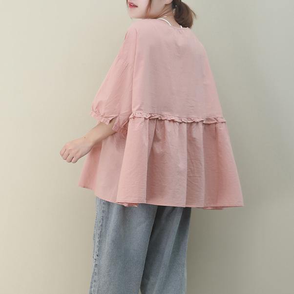 DIY v neck Cinched cotton summer women Tops pink tops - SooLinen