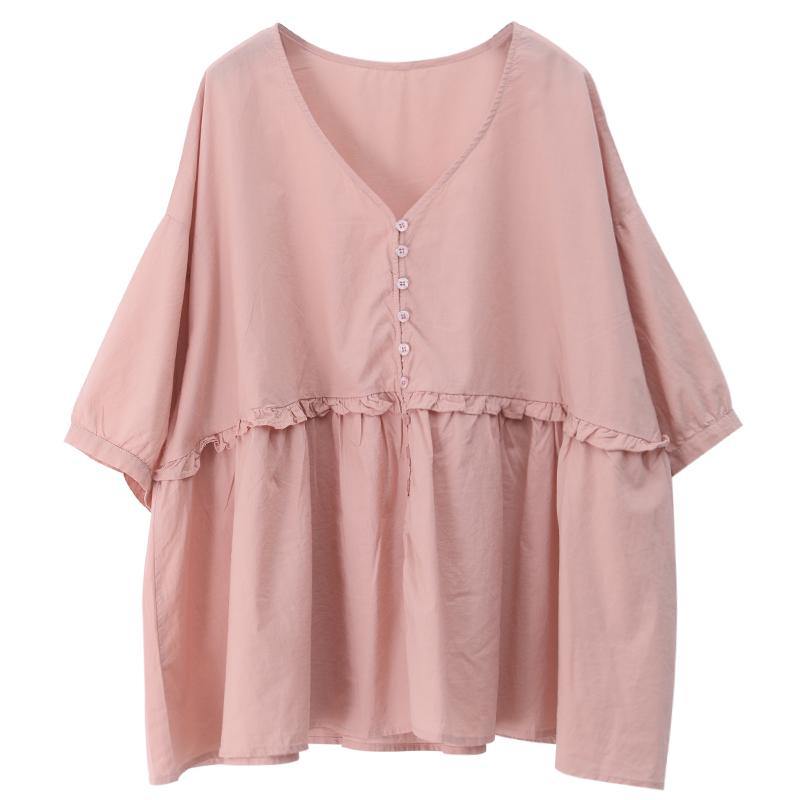 DIY v neck Cinched cotton summer women Tops pink tops - SooLinen