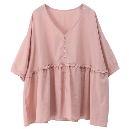 DIY v neck Cinched cotton summer women Tops pink tops - SooLinen