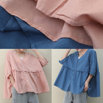 DIY v neck Cinched cotton summer women Tops pink tops - SooLinen