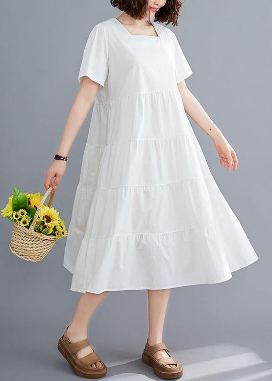 DIY white Tunics Square Collar patchwork long Dress - SooLinen