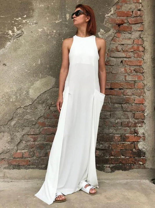 DIY white cotton clothes Women o neck  A Line Dress - SooLinen