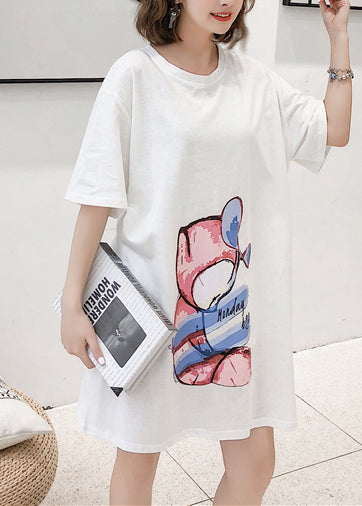 DIY weißes Baumwoll-Tunikakleid mit Aufdruck Omychic Tunika-Tops Kurzarm Midi-Sommerkleid