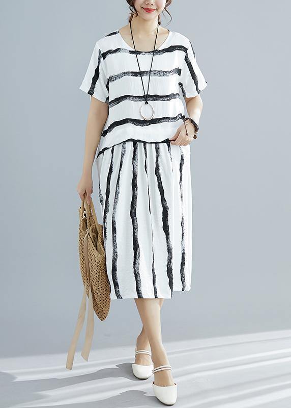 DIY white striped Cotton dress Fitted pattern o neck pockets shift Summer Dresses - SooLinen