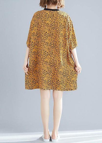 DIY yellow Leopard Cotton blended Drops Design Outfits o neck Batwing Sleeve daily Summer Dresses - SooLinen