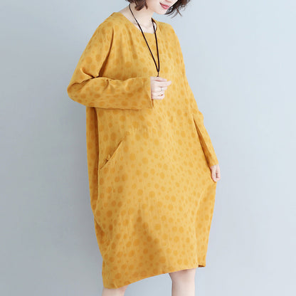 DIY gelb gepunktetes Baumwoll-Tunikakleid Lässiges Runway-Baumwollkleid mit Taschen