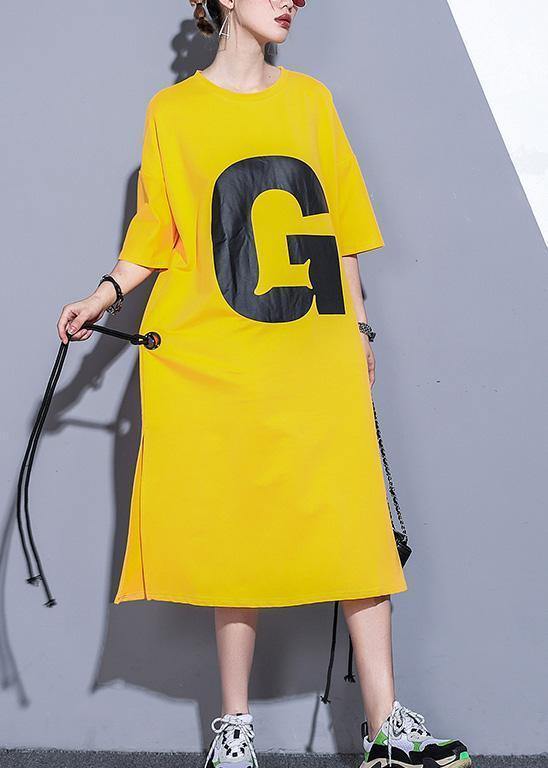 DIY yellow o neck cotton quilting dresses side open Robe summer Dresses - SooLinen