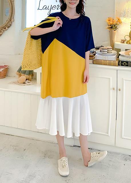DIY yellow patchwork cotton clothes Women o neck Ruffles Plus Size Dresses - SooLinen