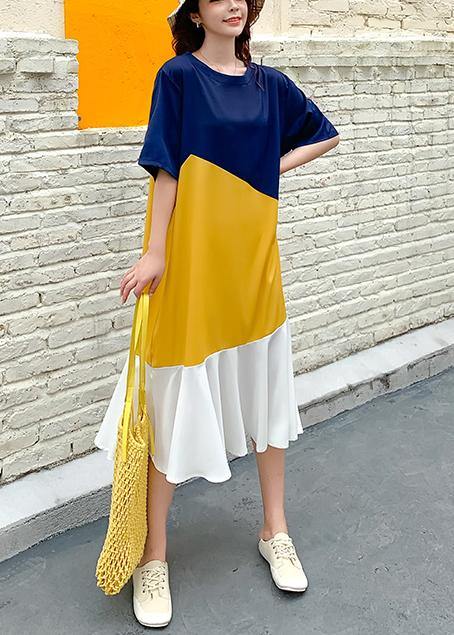 DIY yellow patchwork cotton clothes Women o neck Ruffles Plus Size Dresses - SooLinen