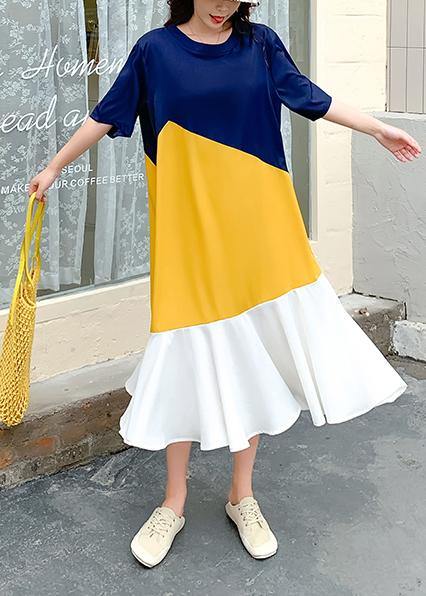 DIY yellow patchwork cotton clothes Women o neck Ruffles Plus Size Dresses - SooLinen