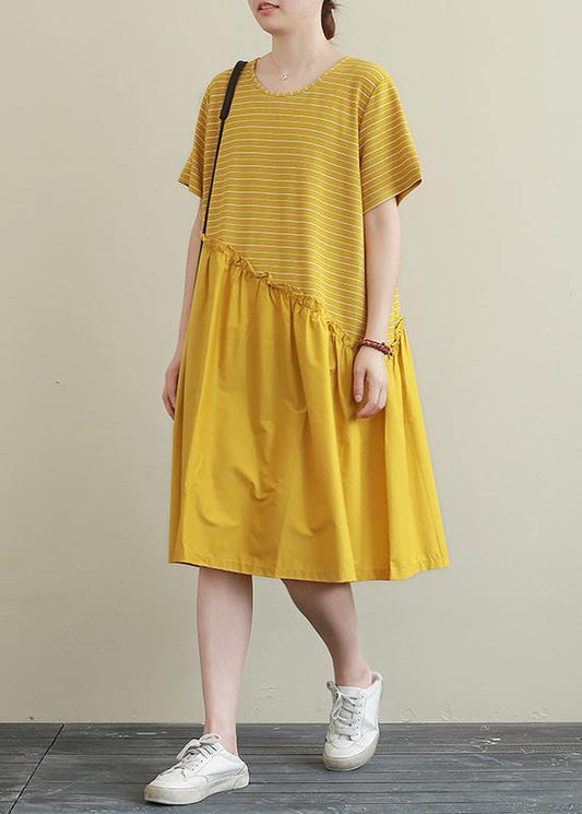 DIY yellow striped Cotton dress o neck patchwork tunic Dress - SooLinen