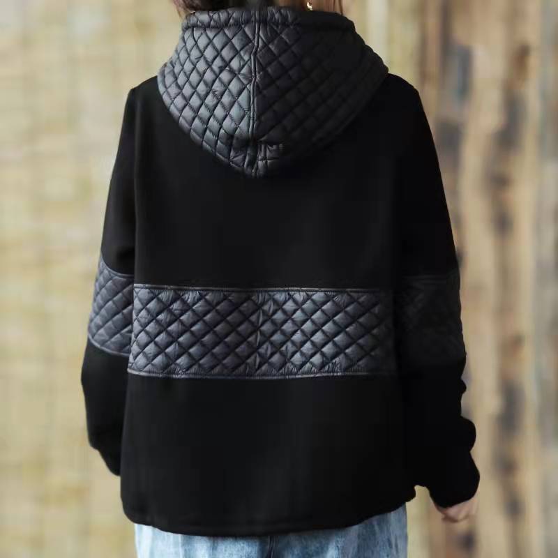 DIY schwarze Kleidung für Frauen mit Kapuze Patchwork Midi Frühling Bluse