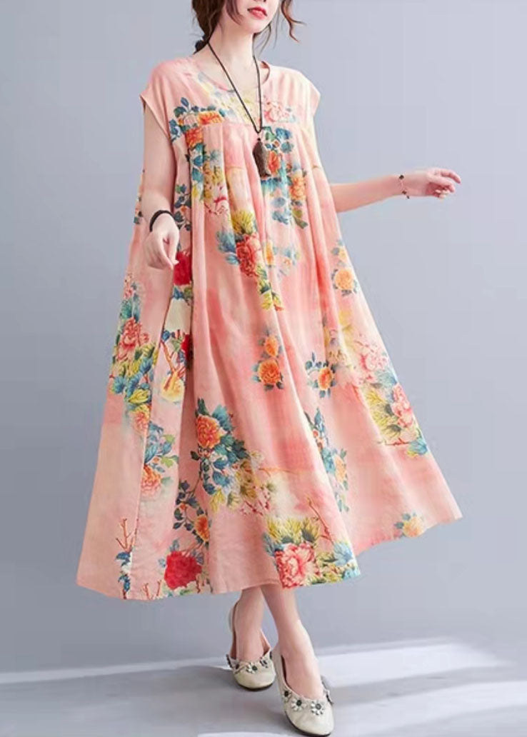 DIY langes, tailliertes Sommerkleid mit rosa Aufdruck