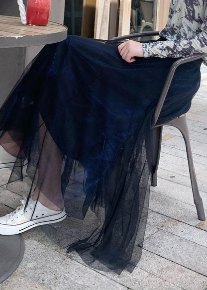 DTY Blau Elastische Taille Drapieren Tüll A Linie Rock Frühling