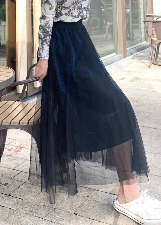 DTY Blau Elastische Taille Drapieren Tüll A Linie Rock Frühling