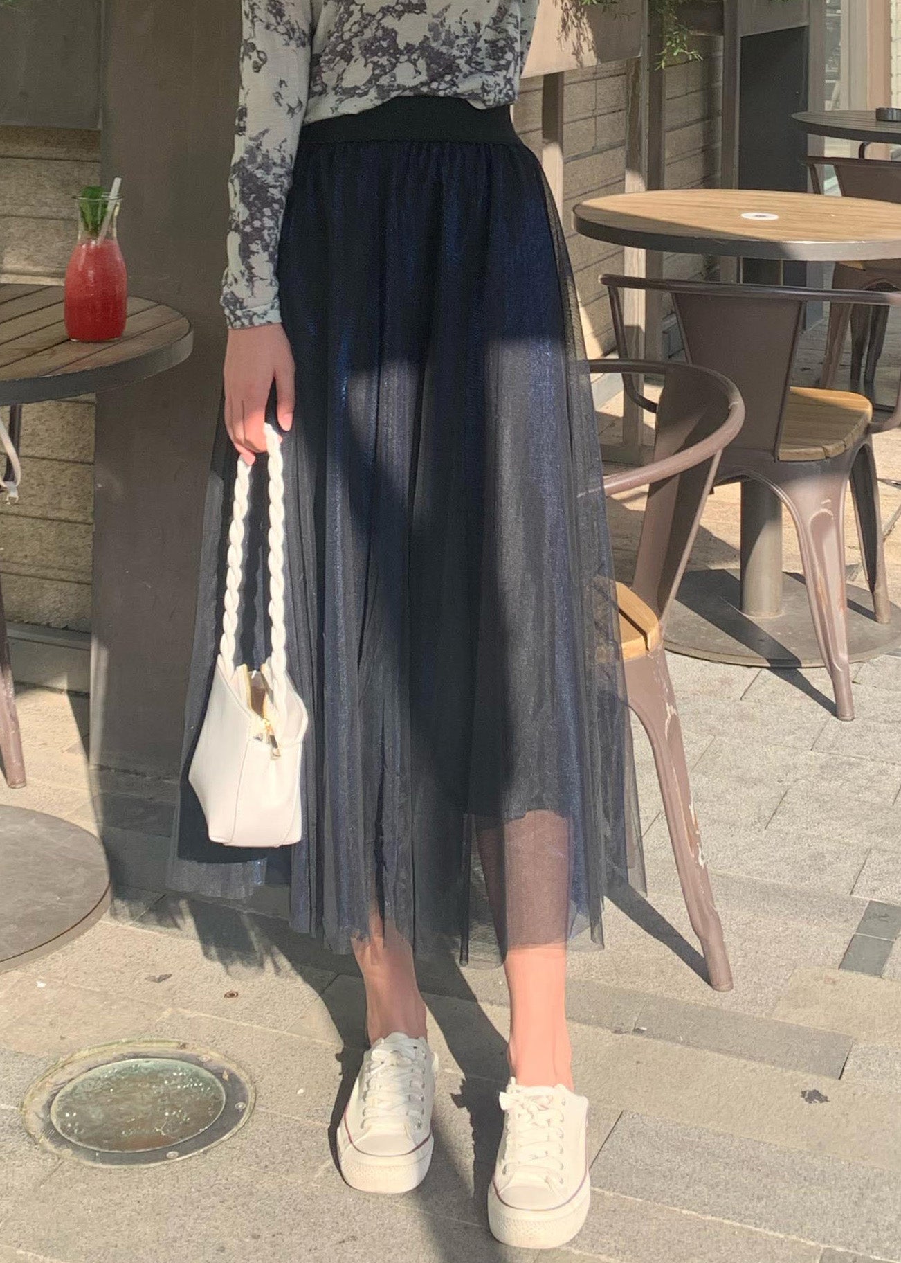 DTY Blau Elastische Taille Drapieren Tüll A Linie Rock Frühling