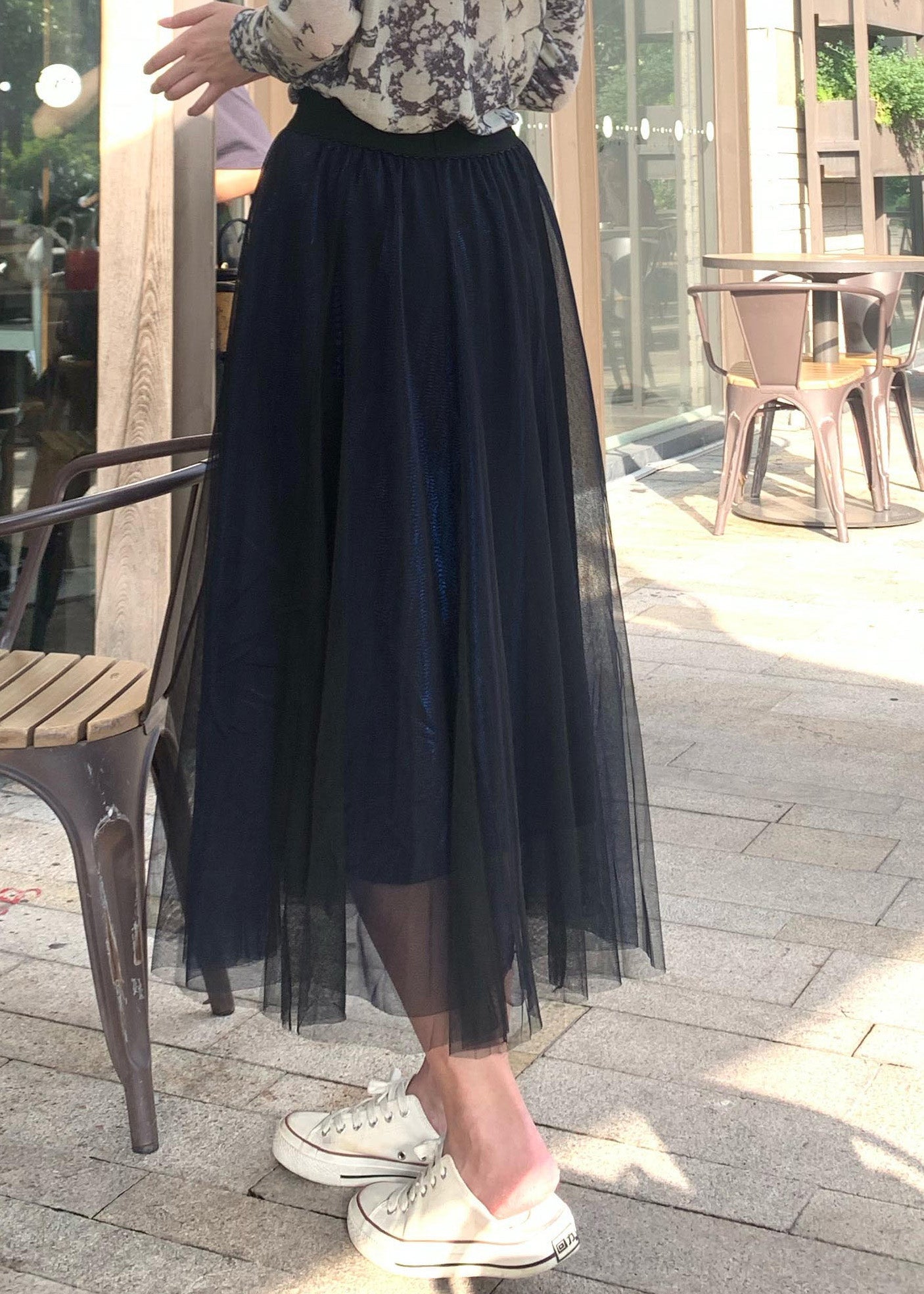 DTY Blau Elastische Taille Drapieren Tüll A Linie Rock Frühling