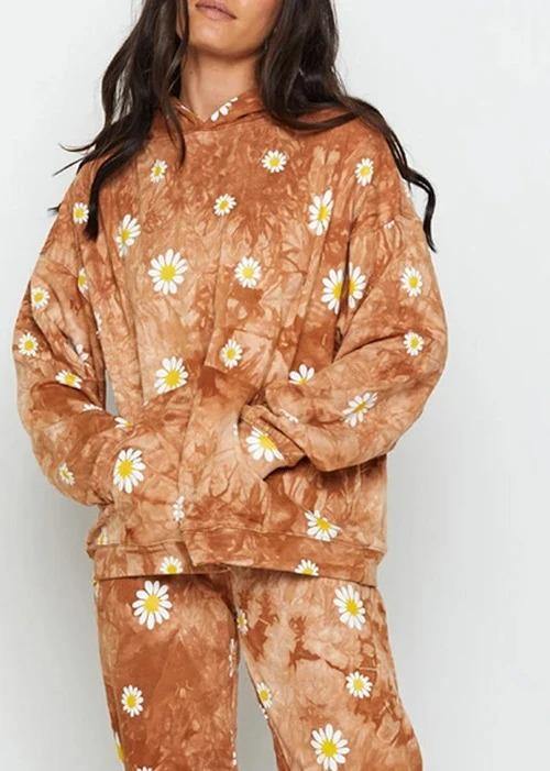 Daisy Print Tie Dye Hoodies Women Yellow Sweatshirts - SooLinen