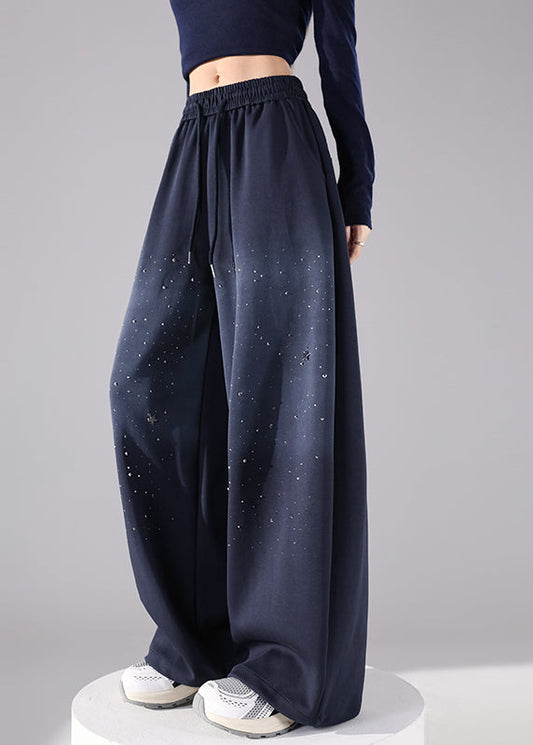 Dark Blue Elastic Waist Wide Leg Pants