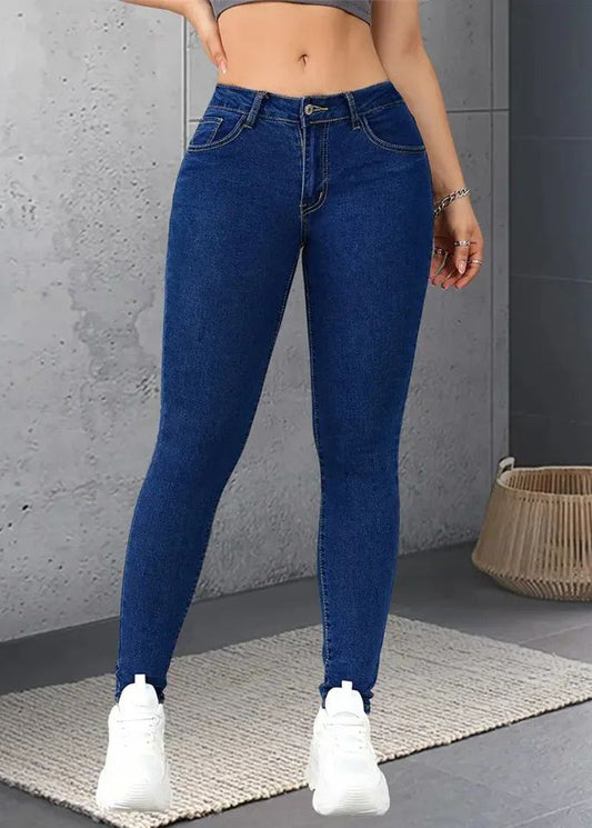 Dark Blue Pockets Button Patchwork Solid Denim Pants