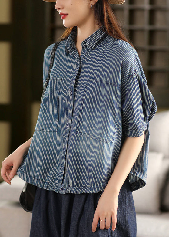 Dark Blue Striped Button Cotton Summer Shirt Peter Pan Collar