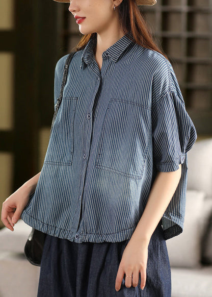 Dark Blue Striped Button Cotton Summer Shirt Peter Pan Collar