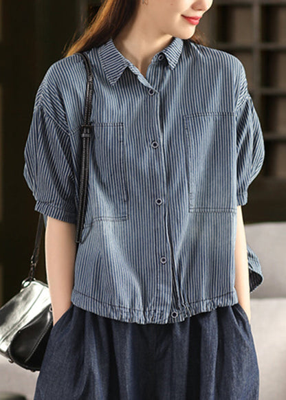 Dark Blue Striped Button Cotton Summer Shirt Peter Pan Collar