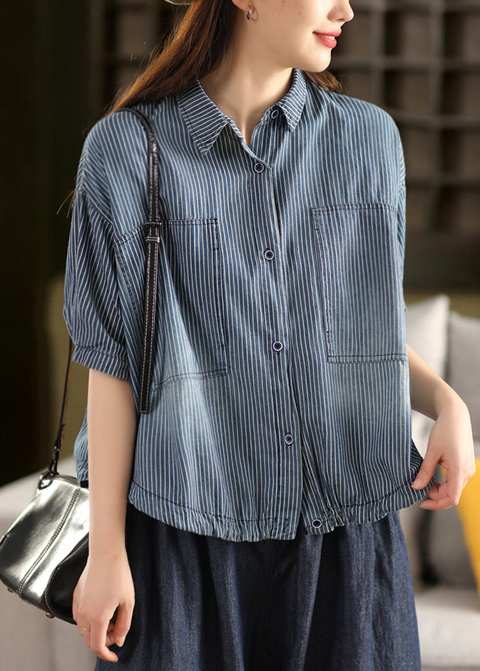 Dark Blue Striped Button Cotton Summer Shirt Peter Pan Collar