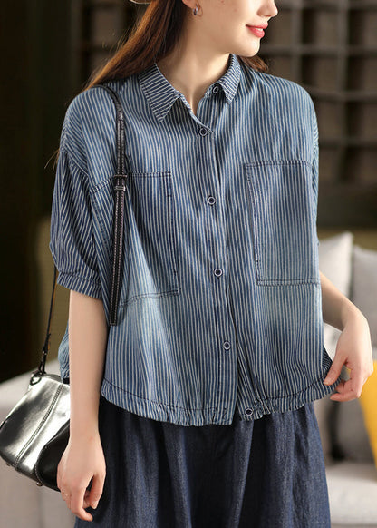 Dark Blue Striped Button Cotton Summer Shirt Peter Pan Collar