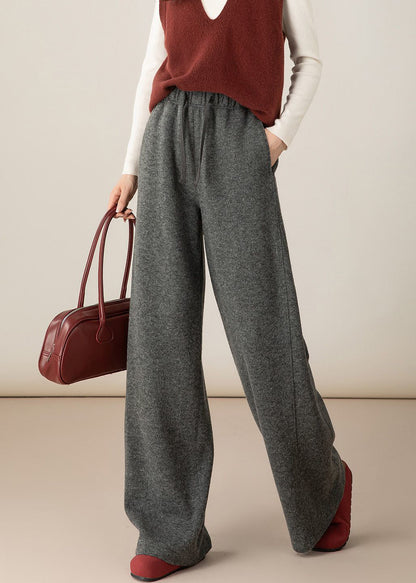 Dunkelgraue Wollhose mit elastischem Bund, weitem Bein und Taschen